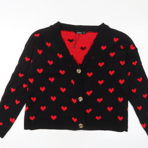 Boohoo Womens Black V-Neck Geometric Acrylic Cardigan Jumper Size S - Hearts