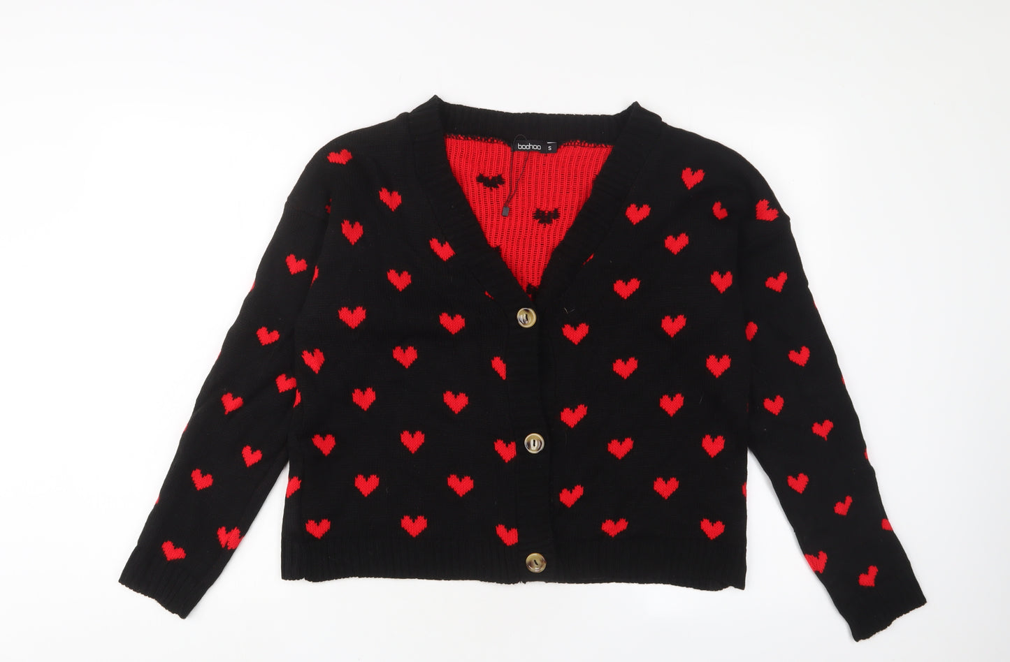 Boohoo Womens Black V-Neck Geometric Acrylic Cardigan Jumper Size S - Hearts