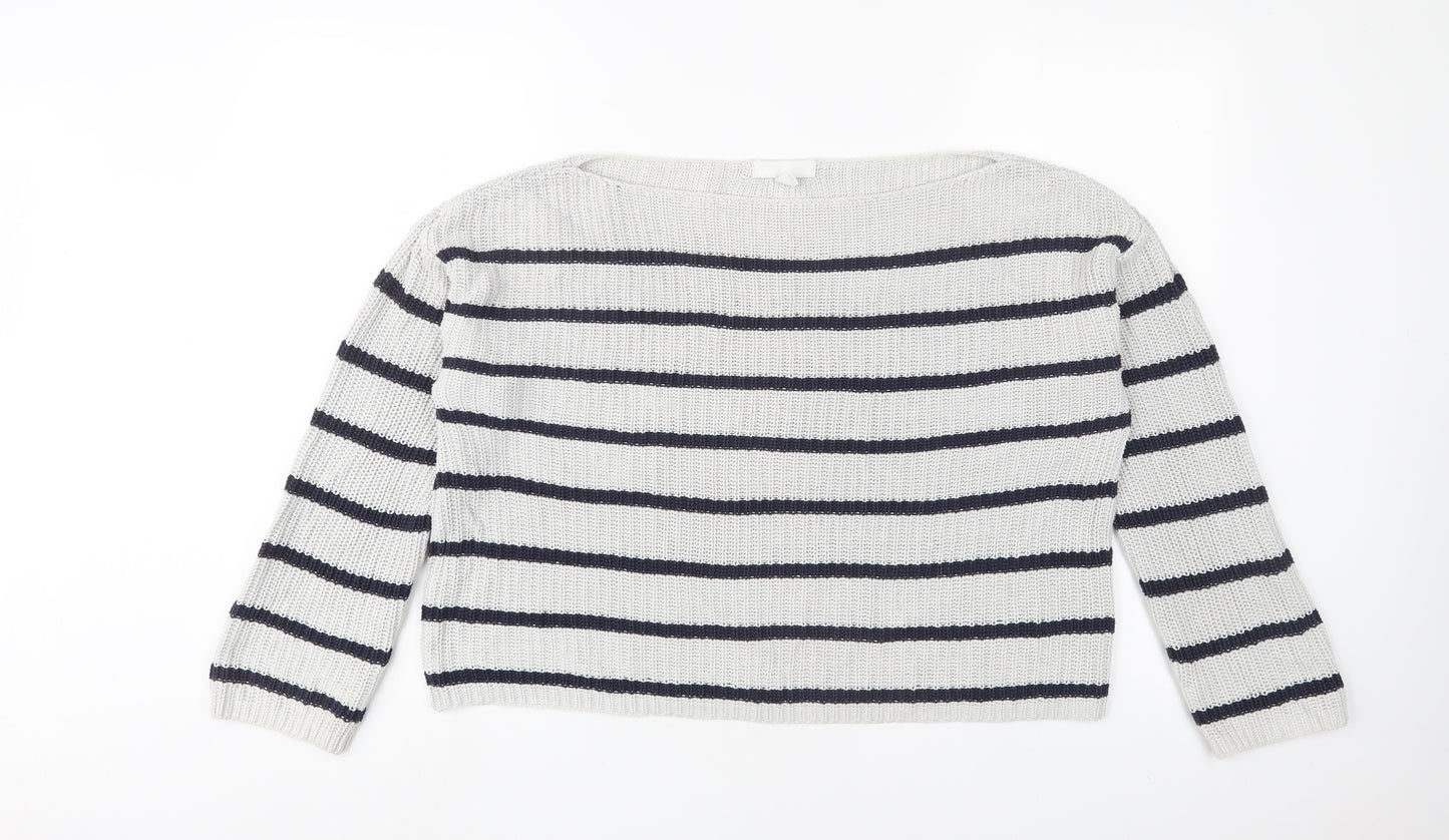 H&M Womens Grey Boat Neck Striped Cotton Pullover Jumper Size M
