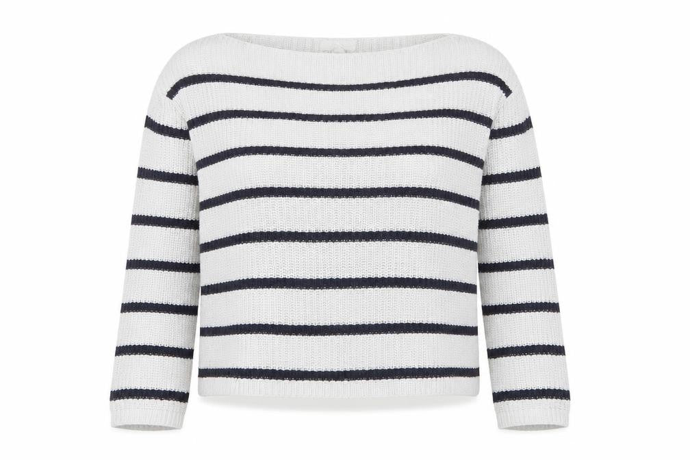 Front view of H&M women’s grey boat neck striped cotton jumper, size M