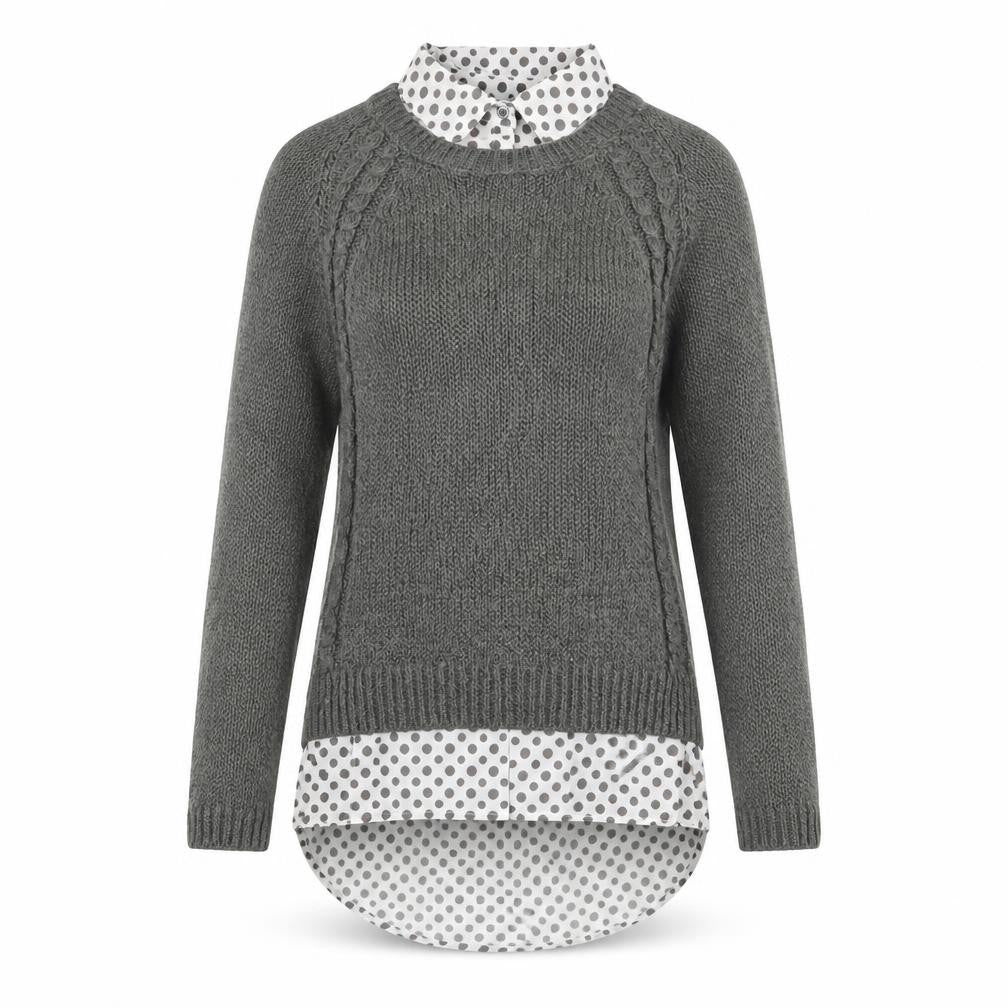 Front view of Next women’s grey collared polka dot acrylic jumper, size UK 10