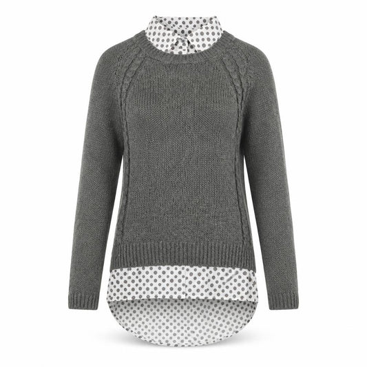 Front view of Next women’s grey collared polka dot acrylic jumper, size UK 10