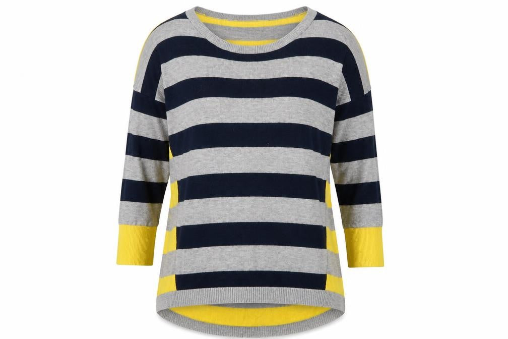 Front view of Oasis women’s multicoloured crew neck striped viscose jumper, size M
