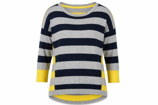 Front view of Oasis women’s multicoloured crew neck striped viscose jumper, size M