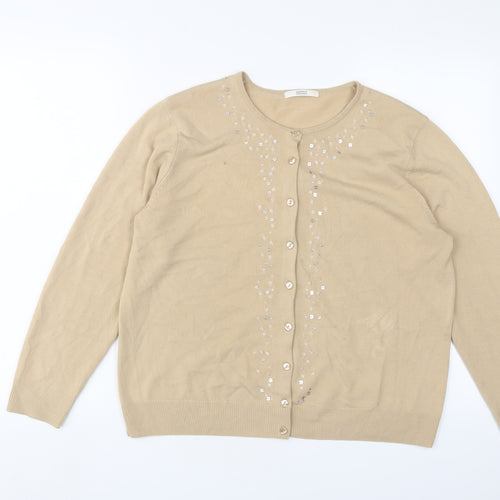 Marks and Spencer Womens Beige Crew Neck Acrylic Cardigan Jumper Size 18 - Embroidered, Sequins