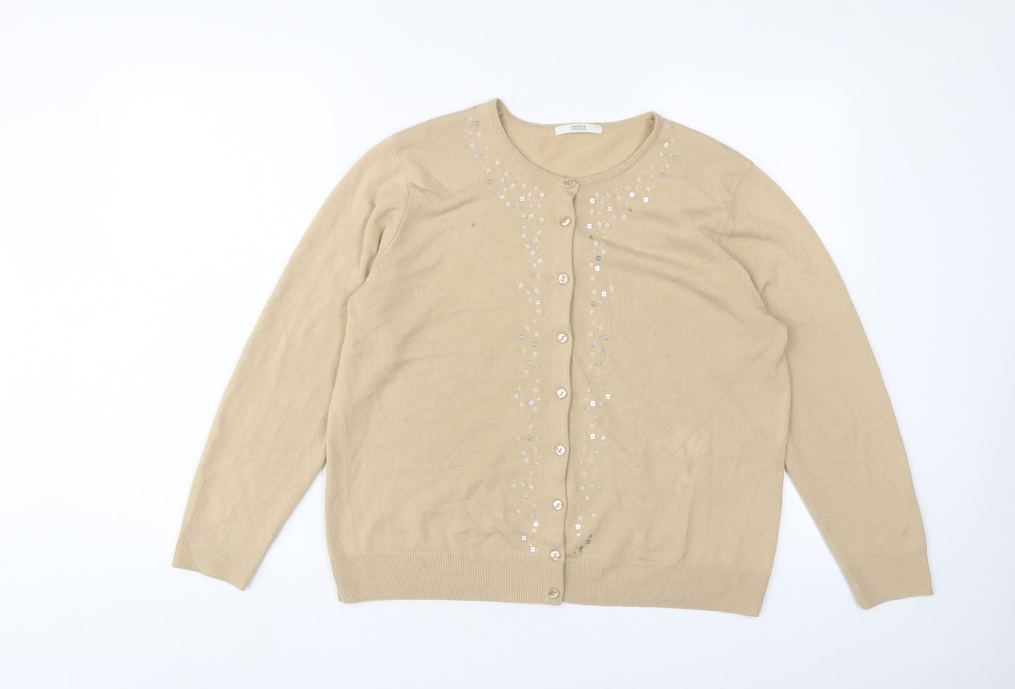 Marks and Spencer Womens Beige Crew Neck Acrylic Cardigan Jumper Size 18 - Embroidered, Sequins