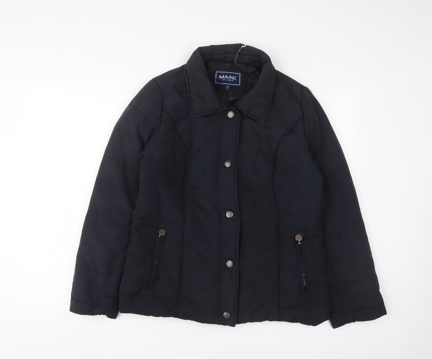 Maine Womens Blue Quilted Jacket Size 12 Snap - Zip Pockets
