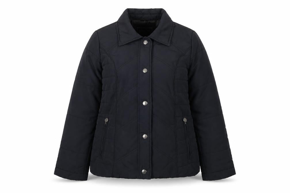 Front view of Maine New England women’s blue quilted jacket, size UK 12, snap - zip pockets