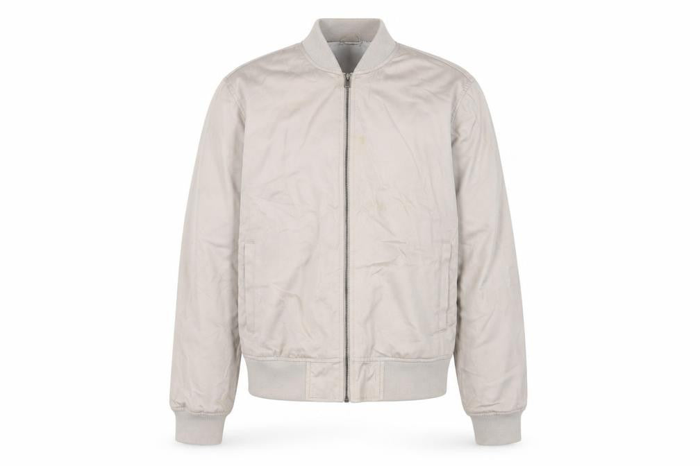 Front view of New London men’s beige bomber jacket jacket, size L, zip