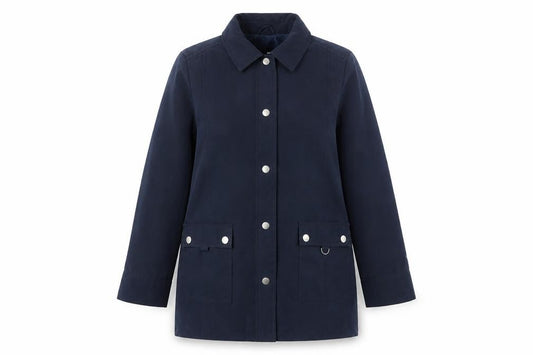 Front view of EWM women’s blue jacket, size UK 12, snap - pockets