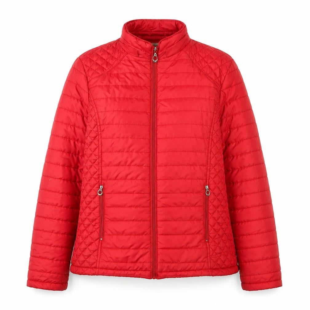 Front view of Shenpai women’s red quilted jacket, size L, zip - zip pockets