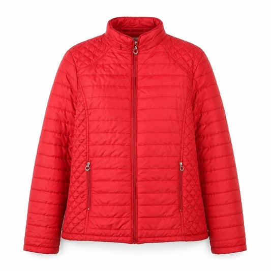 Front view of Shenpai women’s red quilted jacket, size L, zip - zip pockets
