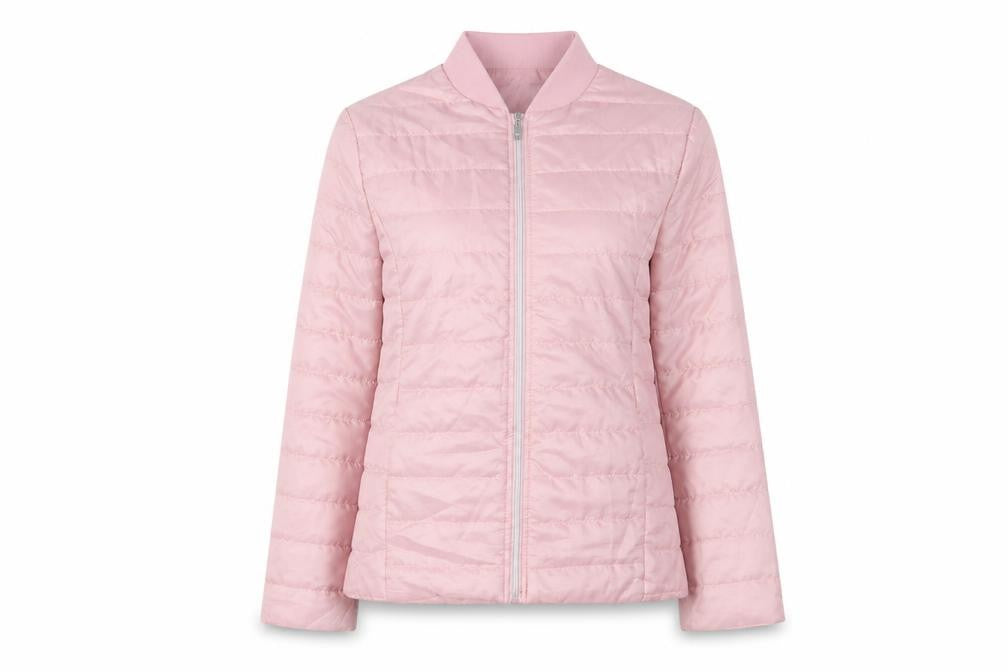 Front view of Laura De Seine women’s pink quilted jacket, size UK 14, zip