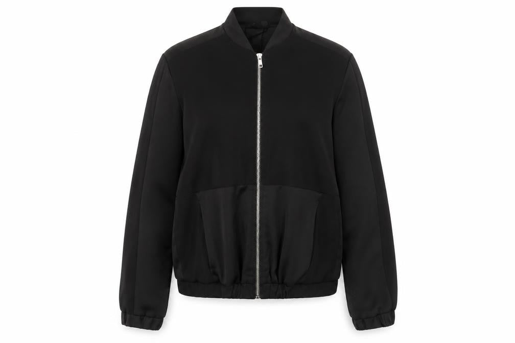 Front view of Topshop women’s black bomber jacket jacket, size UK 8, zip