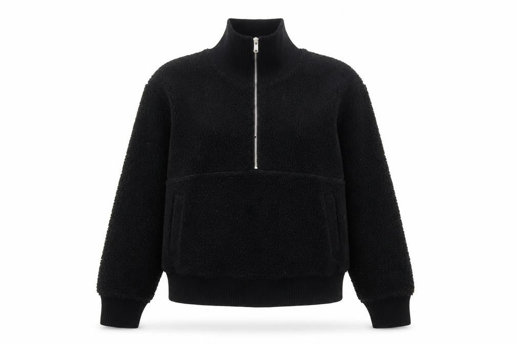 Front view of Marks & Spencer women’s black polyester pullover sweatshirt, size S, zip - 1/2 zip