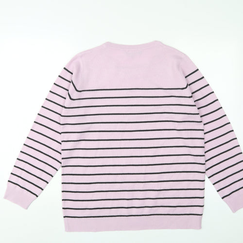 Bonmarché Womens Pink Crew Neck Striped Acrylic Pullover Jumper Size 16