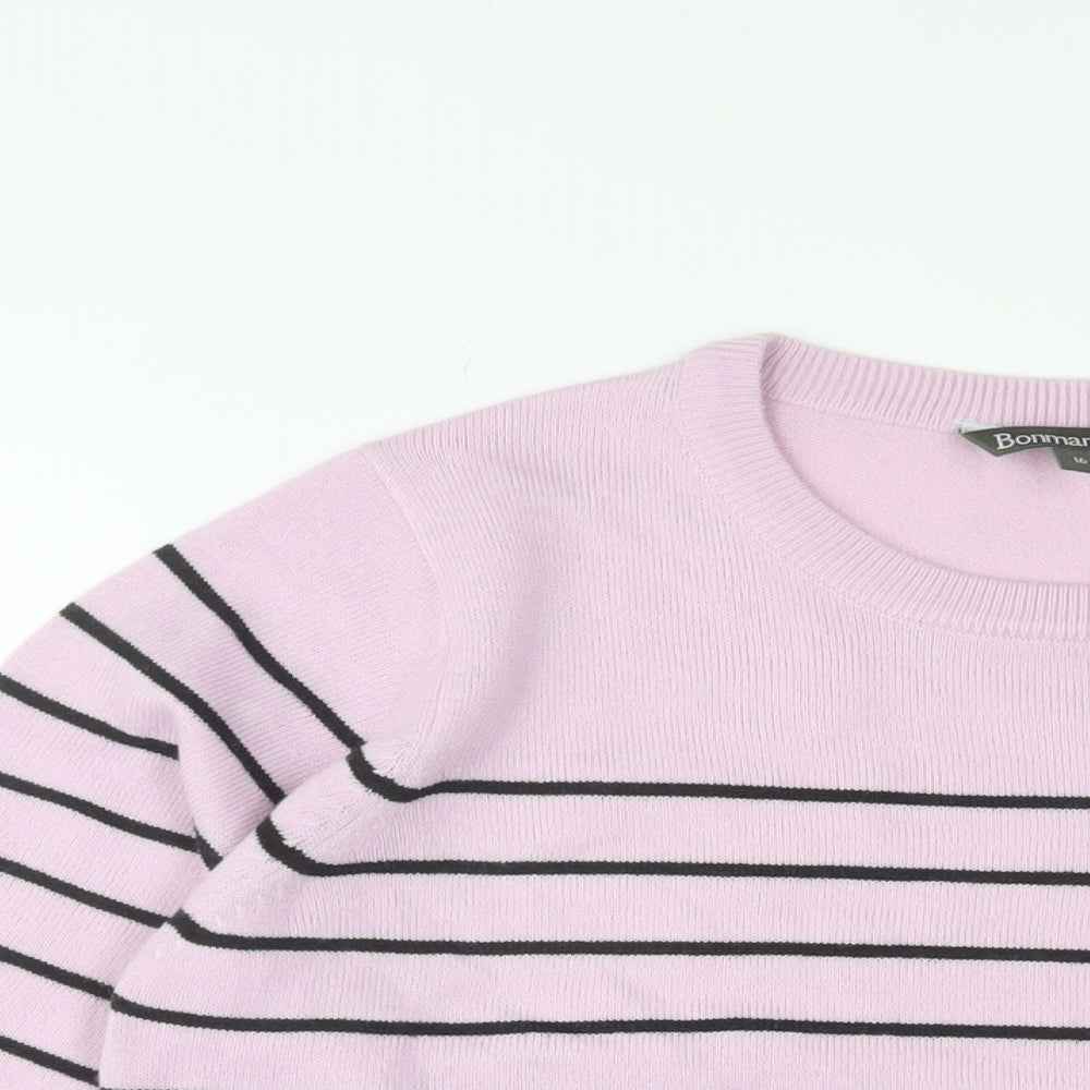 Bonmarché Womens Pink Crew Neck Striped Acrylic Pullover Jumper Size 16