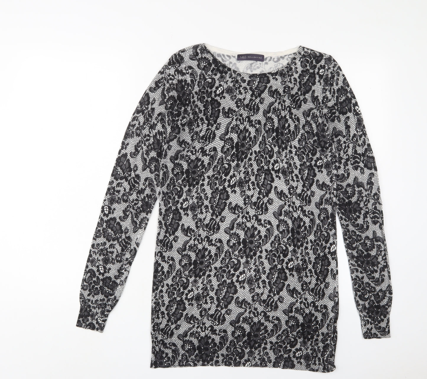 Marks and Spencer Womens Black Crew Neck Fair Isle Viscose Tunic Jumper Size 10