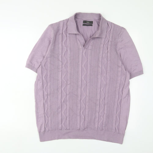 Marks and Spencer Mens Purple Cotton Polo Size L Collared Pullover