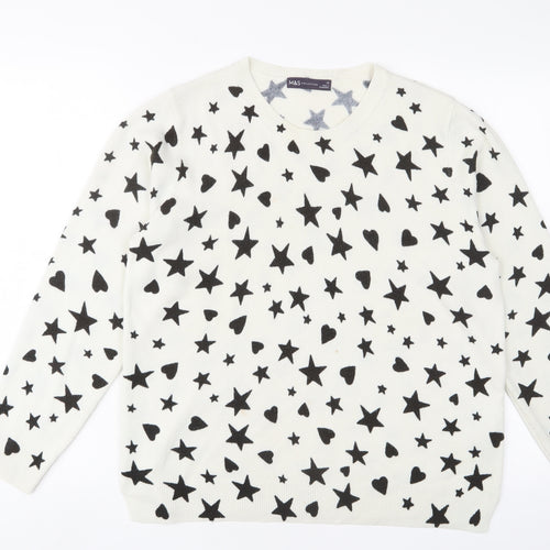Marks and Spencer Womens White Crew Neck Geometric Acrylic Pullover Jumper Size 18
