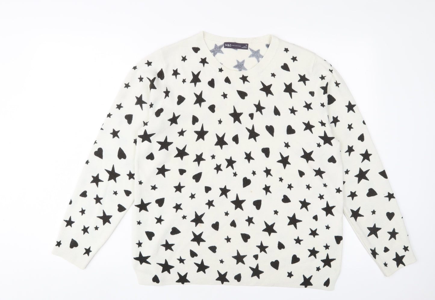Marks and Spencer Womens White Crew Neck Geometric Acrylic Pullover Jumper Size 18