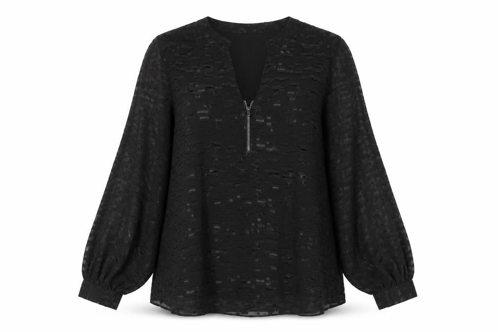 Front view of Julien Macdonald women’s black polka dot polyester basic blouse, size UK 8, v-neck - embroidered