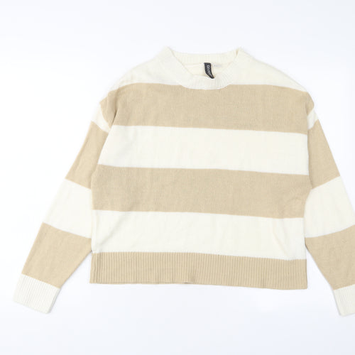 H&M Womens Beige Crew Neck Striped Acrylic Pullover Jumper Size XS
