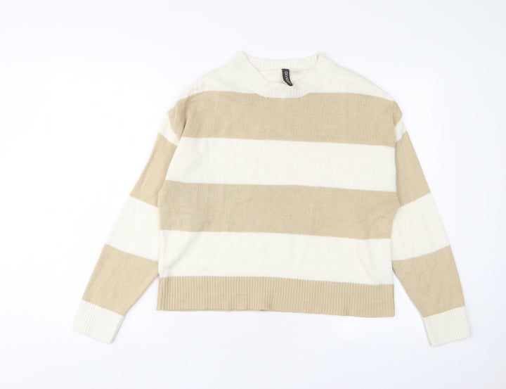 H&M Womens Beige Crew Neck Striped Acrylic Pullover Jumper Size XS