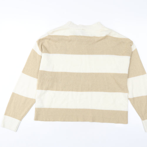 H&M Womens Beige Crew Neck Striped Acrylic Pullover Jumper Size XS