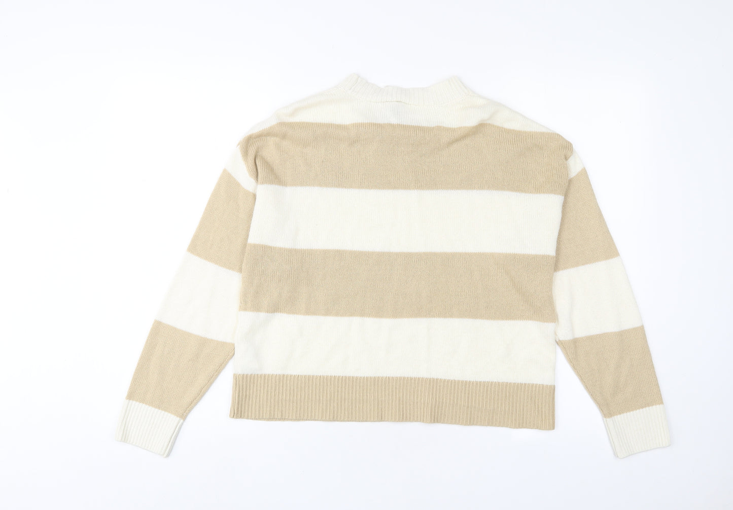 H&M Womens Beige Crew Neck Striped Acrylic Pullover Jumper Size XS