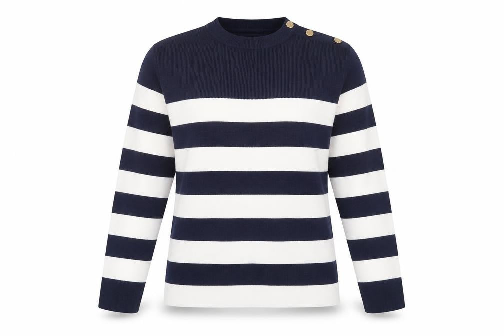 Front view of Marks & Spencer women’s blue crew neck striped viscose jumper, size S