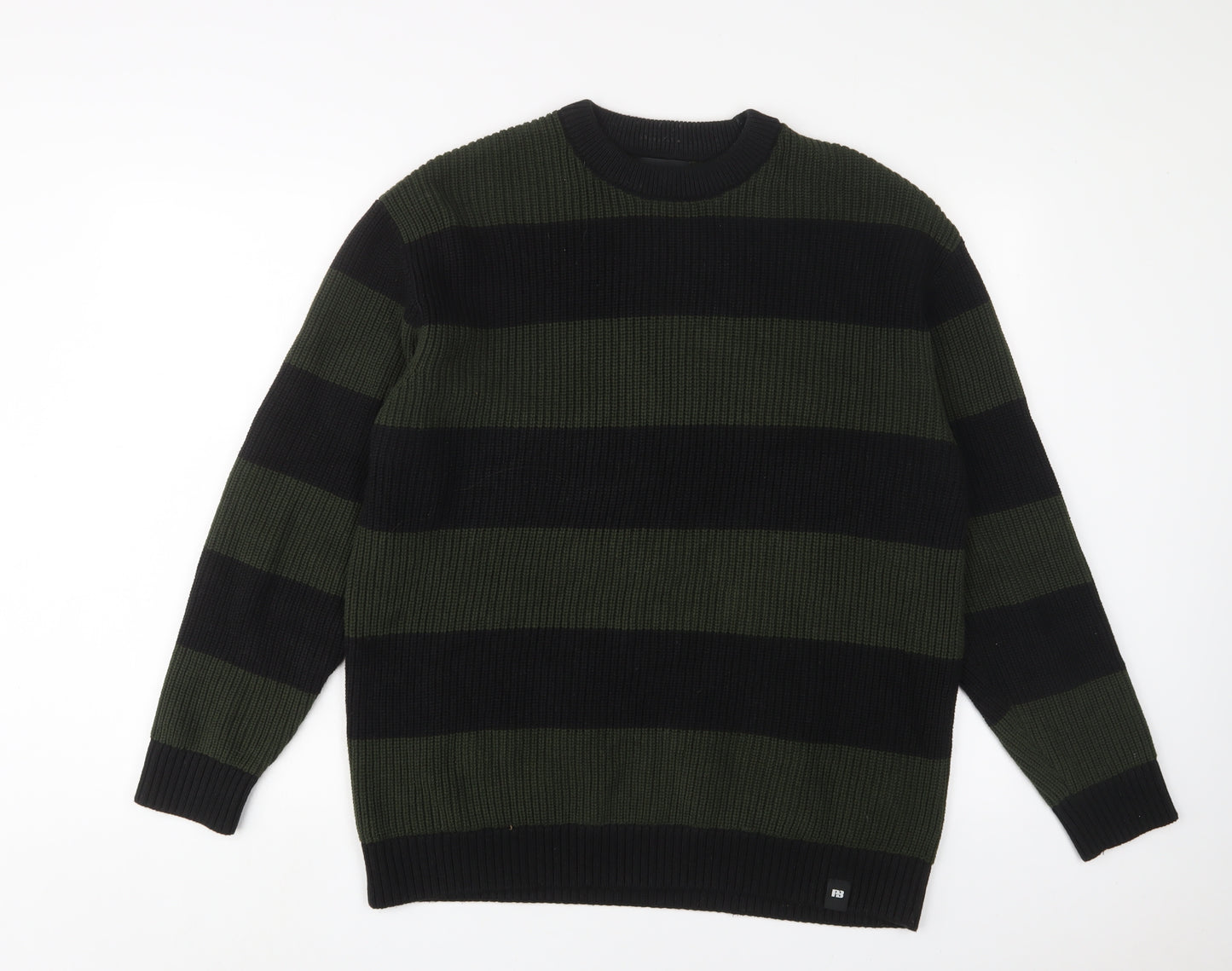 Pull&Bear Mens Green Crew Neck Striped Acrylic Pullover Jumper Size L Long Sleeve