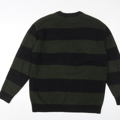 Pull&Bear Mens Green Crew Neck Striped Acrylic Pullover Jumper Size L Long Sleeve