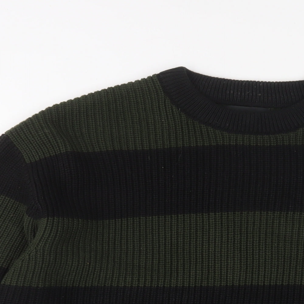 Pull&Bear Mens Green Crew Neck Striped Acrylic Pullover Jumper Size L Long Sleeve