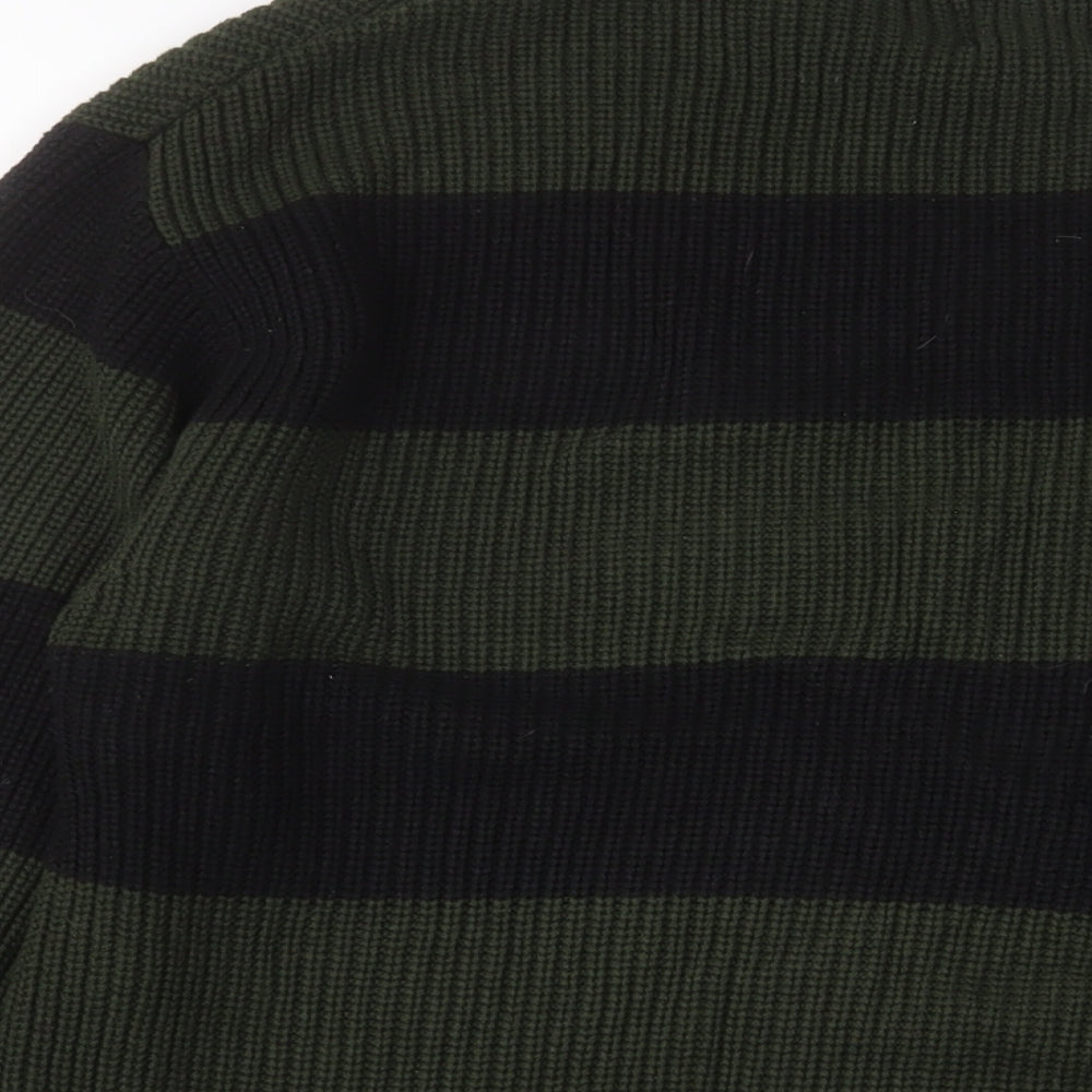 Pull&Bear Mens Green Crew Neck Striped Acrylic Pullover Jumper Size L Long Sleeve