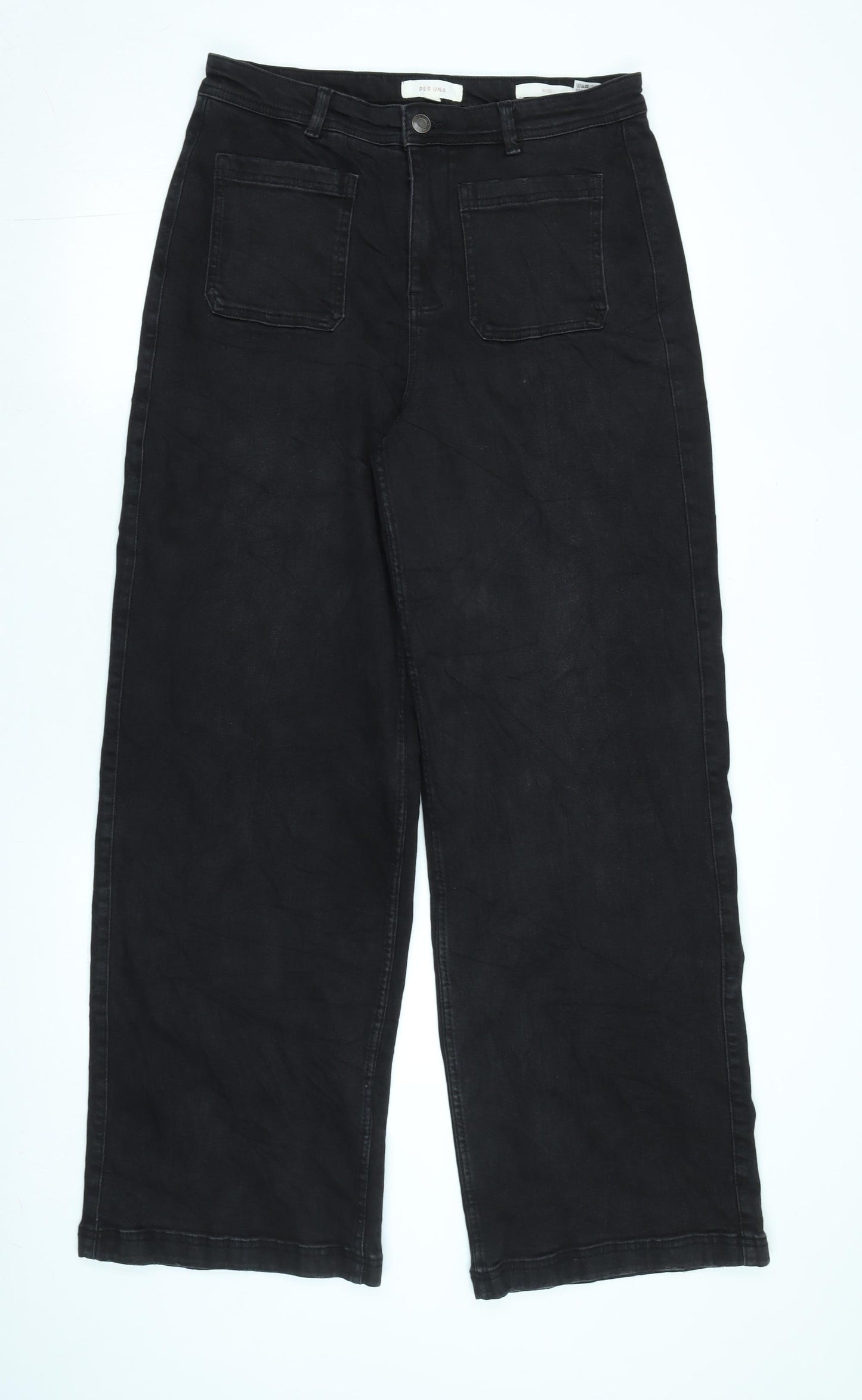 Per Una Womens Black Cotton Blend Wide-Leg Jeans Size 14 L32 in Regular Zip