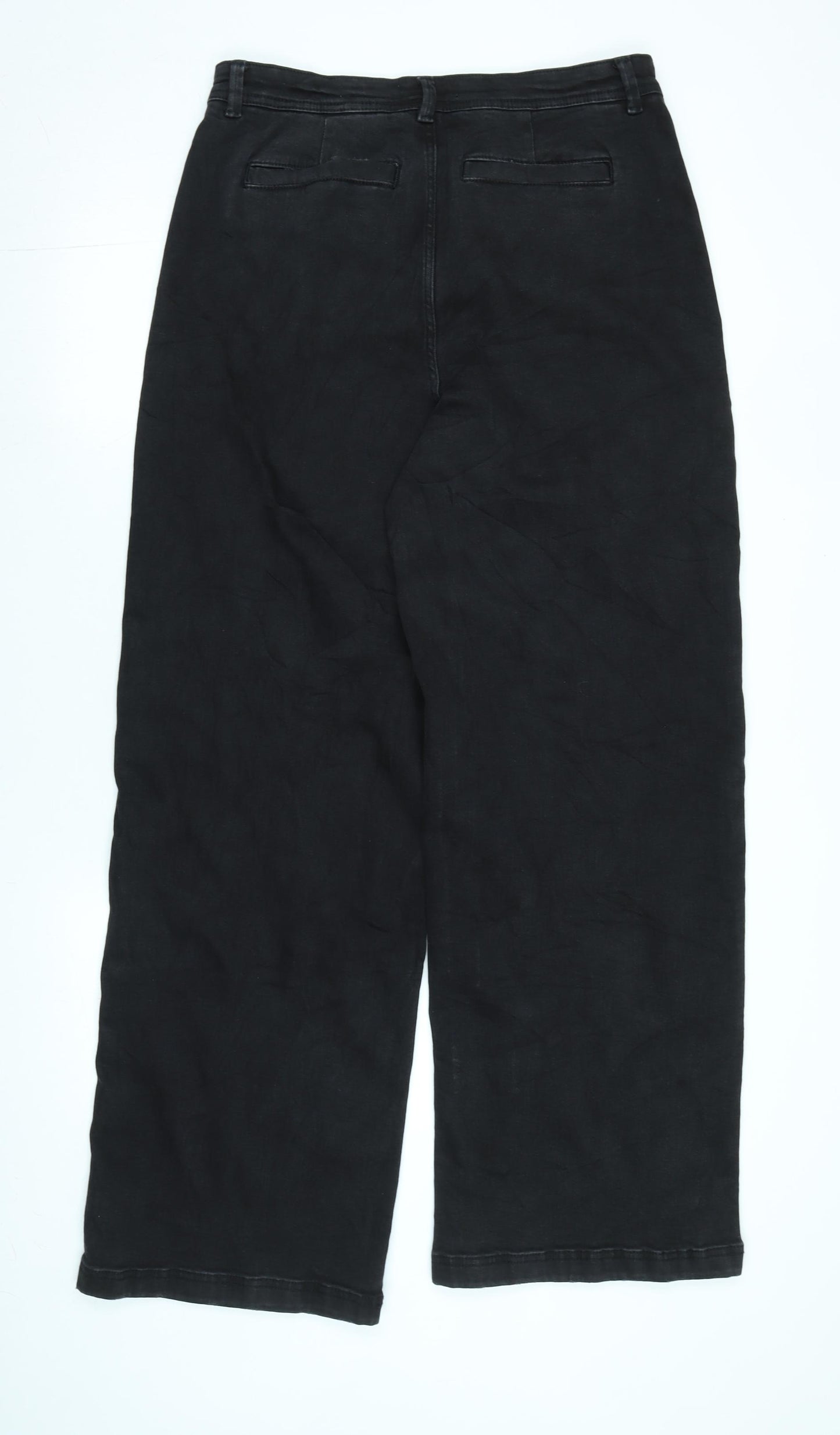Per Una Womens Black Cotton Blend Wide-Leg Jeans Size 14 L32 in Regular Zip
