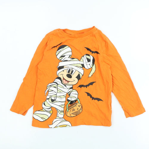 Disney Boys Orange Cotton Jersey T-Shirt Size 5-6 Years Crew Neck - Logo- Micky Mouse