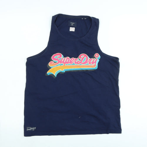 Superdry Womens Blue Cotton Basic Tank Size 12 Scoop Neck - Logo - Superdry