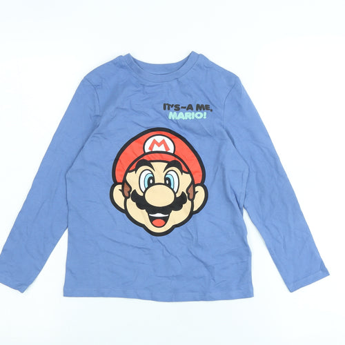 super mario Boys Blue Cotton Jersey T-Shirt Size 5-6 Years Crew Neck - Logo- it's -a me mario