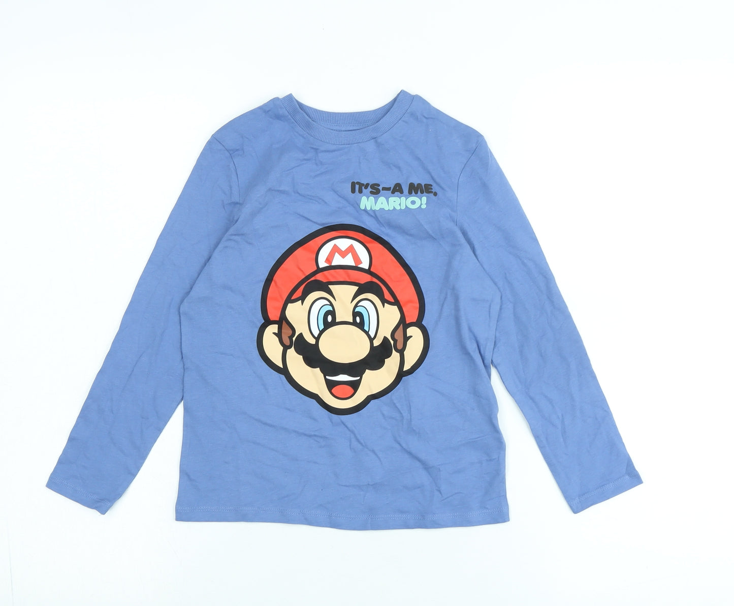 super mario Boys Blue Cotton Jersey T-Shirt Size 5-6 Years Crew Neck - Logo- it's -a me mario