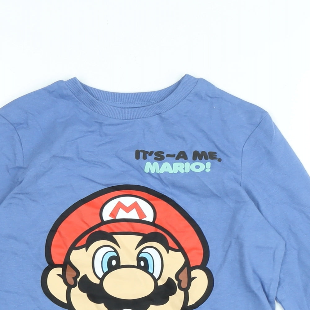 super mario Boys Blue Cotton Jersey T-Shirt Size 5-6 Years Crew Neck - Logo- it's -a me mario