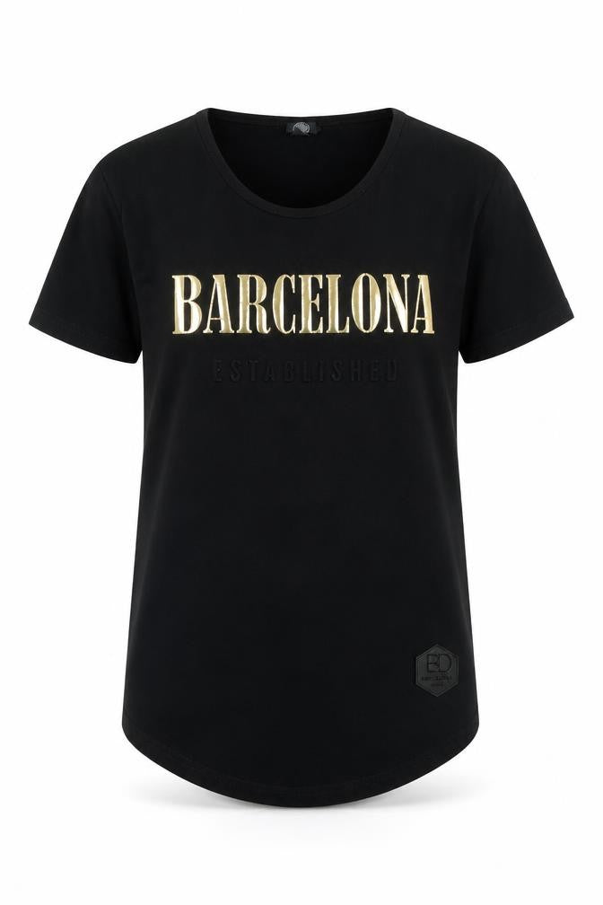 Front view of Barcelona women’s black cotton basic t-shirt, size S, crew neck - logo