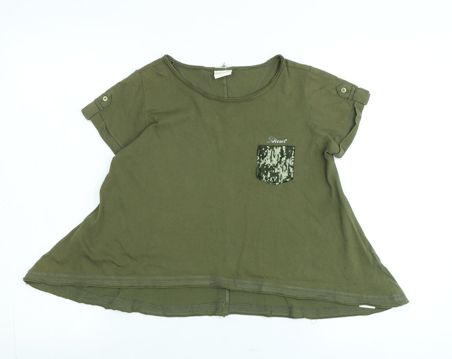 Diesel Girls Green Cotton Tunic T-Shirt Size L Scoop Neck - Logo