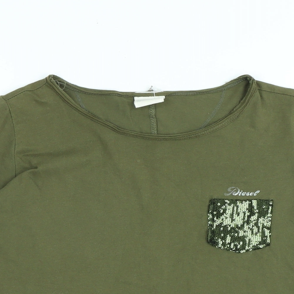 Diesel Girls Green Cotton Tunic T-Shirt Size L Scoop Neck - Logo