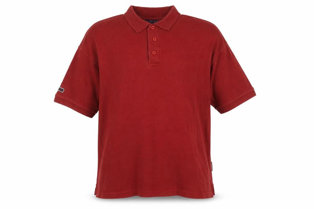 Front view of Donnay men’s red cotton polo, size M, collared - logo