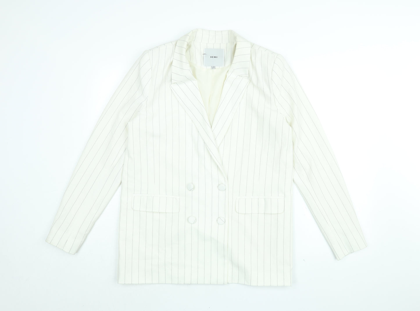 ICHI Womens White Striped Jacket Blazer Size 10 Button