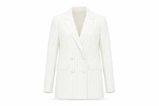 Front view of ICHI women’s white striped jacket blazer, size UK 10, button