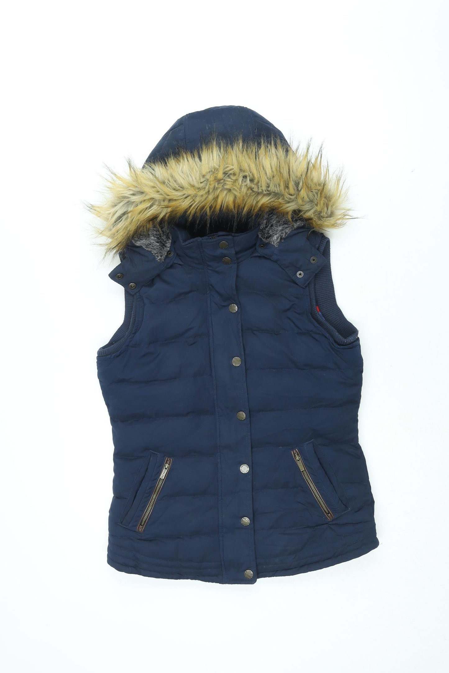 Fat Face Womens Blue Gilet Coat Size 8 Zip - Faux Fur Hood