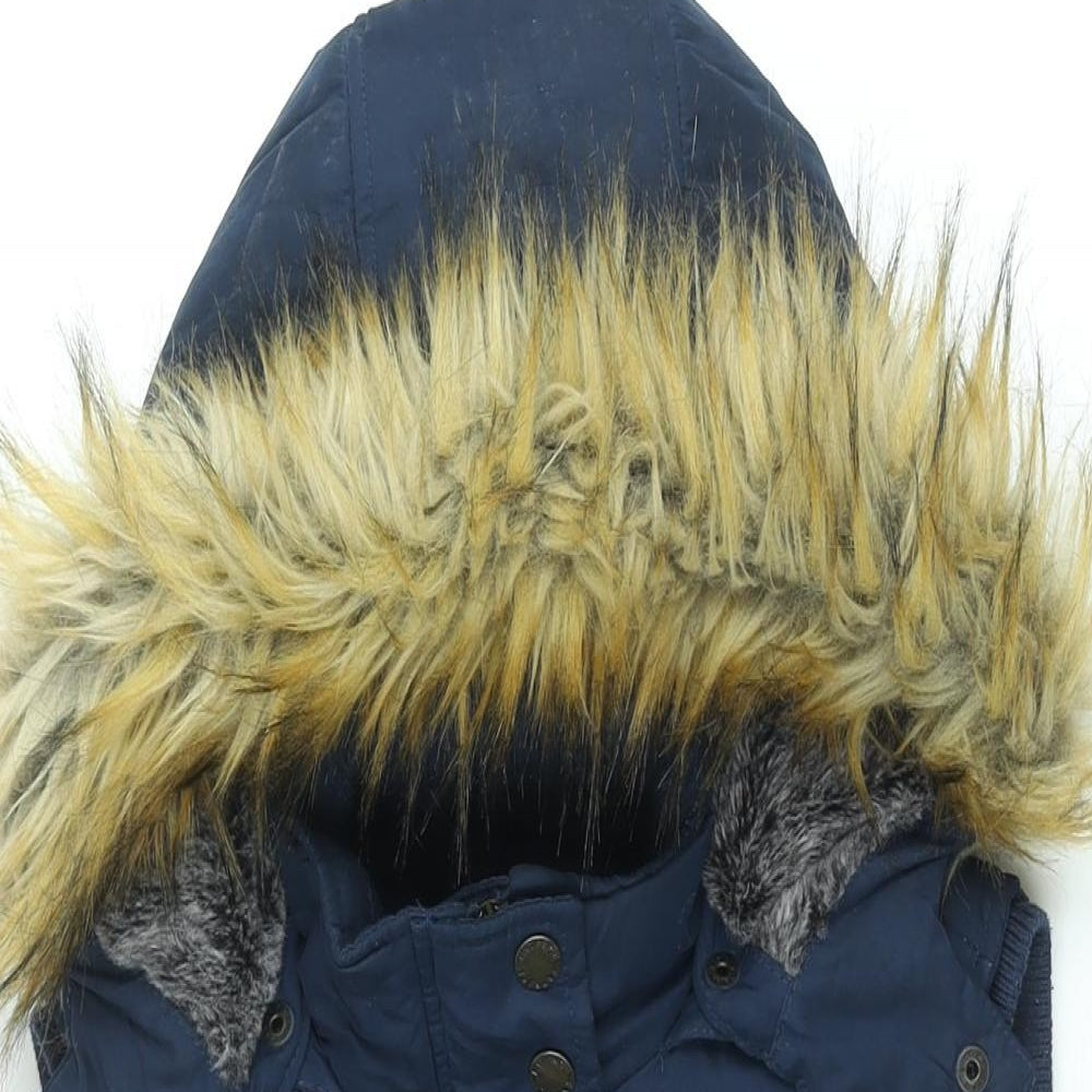 Fat Face Womens Blue Gilet Coat Size 8 Zip - Faux Fur Hood